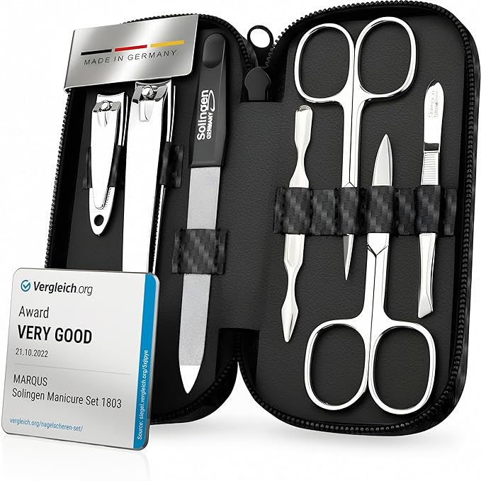 Manicure Set Solingen Made in Germany - 7 Piece Exclusive Finger & Toe Nail Clippers Kit for Women and Men in Vegan Leather Case, Color Carbon