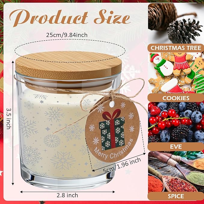 12 Pcs Christmas Glass Candle Jars 7 oz Glass Jars Empty Containers with Bamboo Lids and Christmas Cards for Candle Making Storing Biscuits Holiday Tea Party Favors