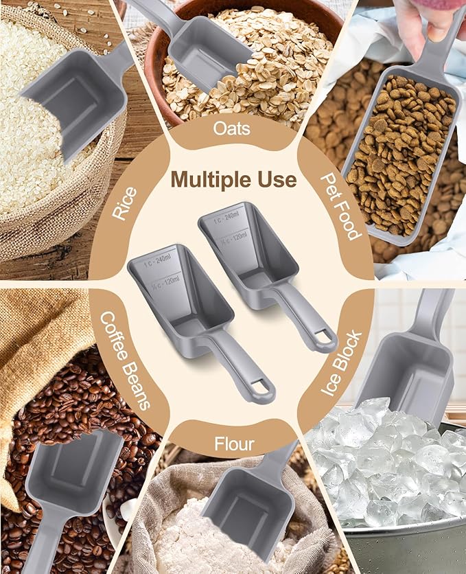 2-Pack Dog Food Scoop 1 Cup, Plastic Pet Food Measuring Scoop With Measuring Lines (1/2 & 1 Cup Markings) for Dogs, Cats, Fish, Bird（Grey)