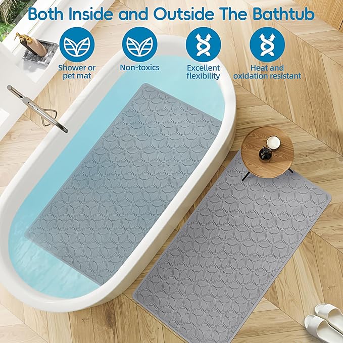 WRISIN Bathtub Mat Non Slip with Suction Cups - 100% Rubber Bathroom Mat Textured for Bath Tub Shower Safety - Soft on Touch - BPA/PVC Free - Pet Dog Bath Mat - Machine Washable - 16 × 28 Inch（Gray）