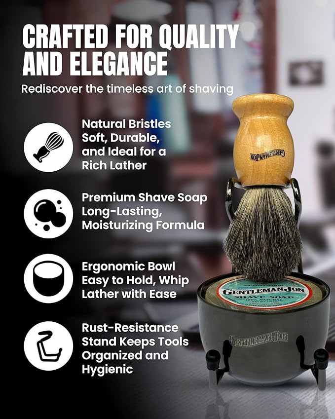 Gentleman Jon Complete Shaving Brush Kit – Old Fashion Shaving Kit for Men, Includes Shave Brush, Shave Bowl, Shave Soap & Stand, Vintage Wet Shave Mug, Barber-Style 4-Piece Gift Set