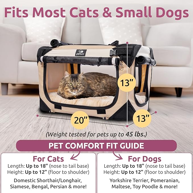 Soft-Sided Cat & Dog Pet Carrier, Medium 20"x13"x13" Fits Most Cats or Small Dog, Comfortable for Travel & Vet Visits, Privacy Windows, Removable Plush Bed, Top/Side Entry, Locking Zippers, Folds Flat