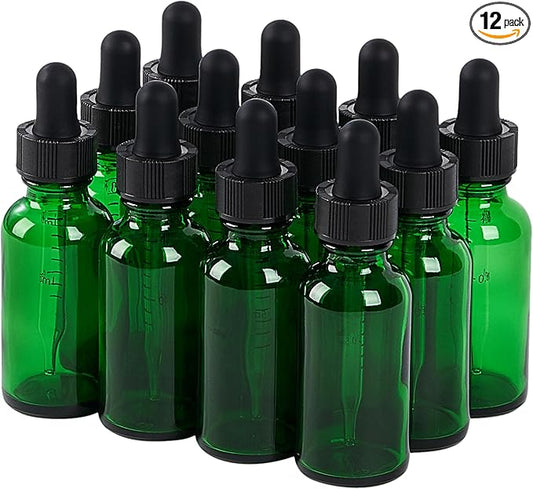12 Pcs, 1oz Glass Dropper Bottle, Leakproof Tincture Bottles with Dropper, Green Reusable Eye Dropper Bottle for All Kinds of Liquids (Green, 1oz-12pcs)