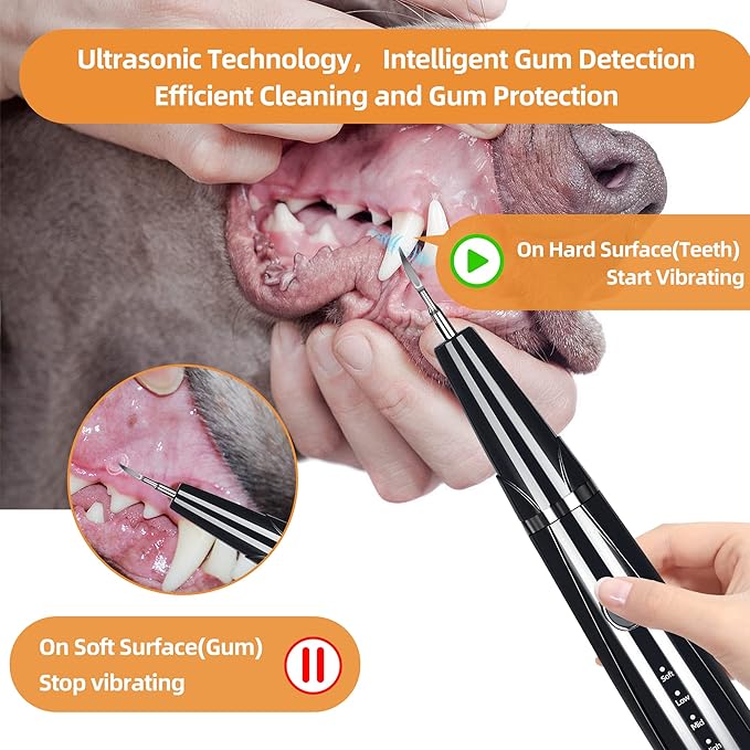 Ultrasonic Dog Plaque and Tartar Remover, Teeth Cleaning Kit for Pets, Rechargeable Dental Scraper for Pets, 5 Modes with 3 Cleaning Heads and LED Light