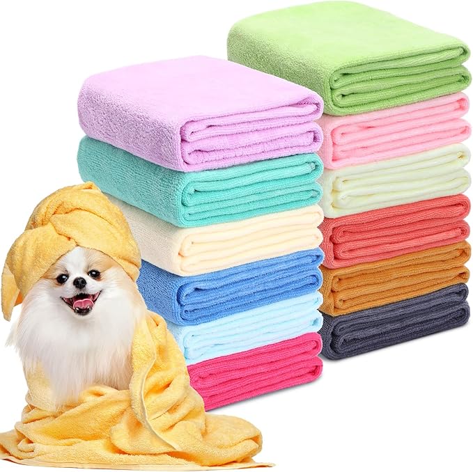 Moukeren 12 Pcs Dog Towels Bulk 20'' x 39'' Microfiber Bath Towels for Drying Dogs Absorbent Soft Pet Grooming Towels for Small Medium Puppy Cat Bath Pet Grooming Shower Essential, 12 Colors
