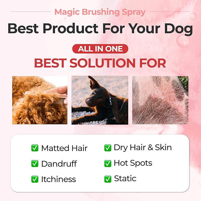 JAYU PET Magic Brushing Spray - Fur Detangler & Dematting Solution, Hypoallergenic Deodorizer, Conditioner & Itch Relief, Shining & Grooming Spray for Dogs (5.8fl oz, 170ml)