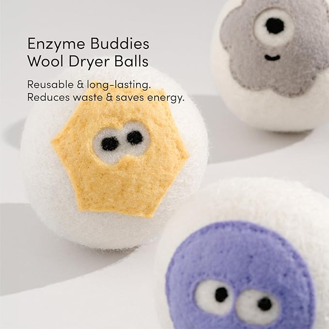 Dirty Labs | 100% New Zealand Wool Enzyme Buddies Dryer Balls | 3 Balls | Shorten Drying Time | Reduce Static & Wrinkles | Dryer Sheet & Fabric Softener Alternative