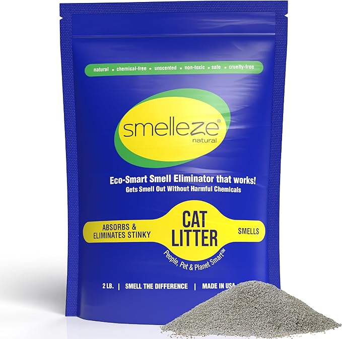 SMELLEZE Natural Cat Litter Deodorizer and Litter Box Odor Eliminator Additive for Strong Smells Unscented Kitty Litter Smell Control Safe Long-Lasting Granules for Multi Cat Homes 2 lb