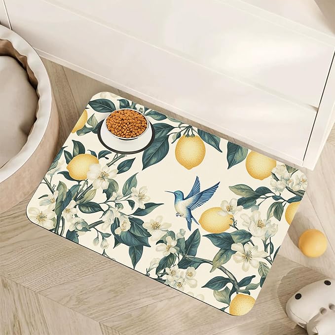 Hummingbird Dog Food Mat for Floors,Vintage Lemon Absorbent Quick-Dry Pet Feeding Mat,Cat Dog Bowl Mats for Food and Water,Non-Slip Pet Accessories Supplies 12"x20"