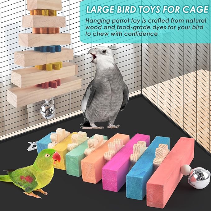 2 Pcs Bird Toys for Parrots, Colorful Natural Large Parrot Toy Hanging Chew Wood Block with Bell for Medium to Large Cockatiels, Conures, African Greys, Amazon