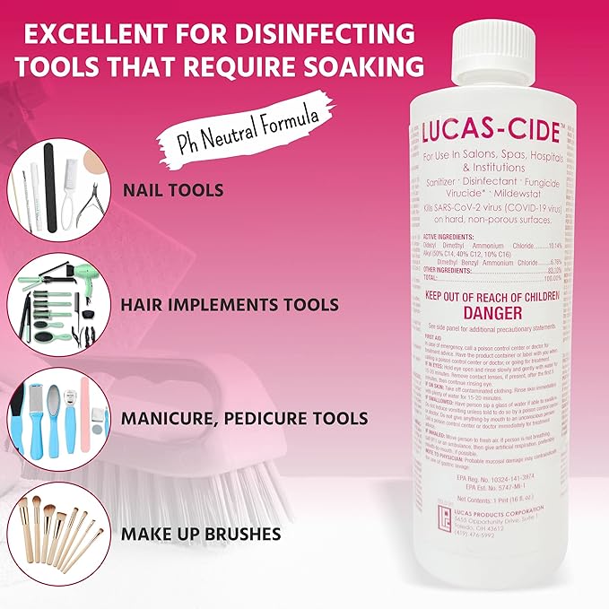 LUCAS-CIDE Salon and Spa Disinfectant Multipurpose Surface Sanitizer, EPA Disinfectant Cleaning Supplies Solution 16 oz (Pint) - Pink