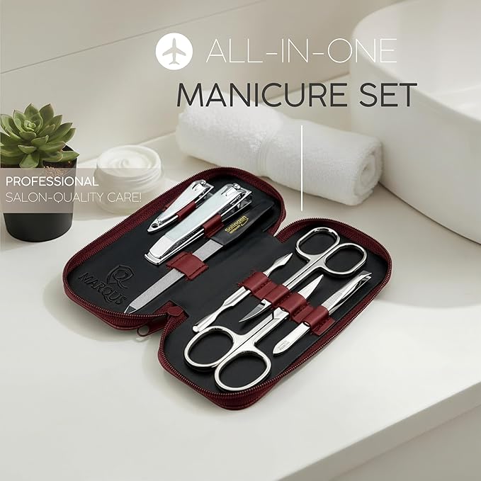 Manicure Set Solingen Made in Germany - 7 Piece Exclusive Finger & Toe Nail Clippers Kit for Women and Men in Real Leather Case, Color Red