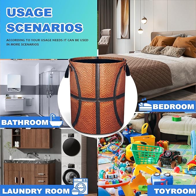 Basketball Laundry Basket Oxford Cloth Ball Texture Laundry Hamper With Handle Foldable Portable Clothes Storage Basket 18.9 X 16.5 Inch Storage Bag For Laundry Room/Bathroom/Bedroom/Dormitories