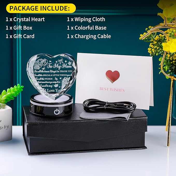 to My Mom Crystal Heart Gift with LED Base - A Mother's Love is Forever Laser Engraved Message, Meaningful Birthday Mother's Day Gift from Daughter Son, Thanksgiving Christmas Keepsake