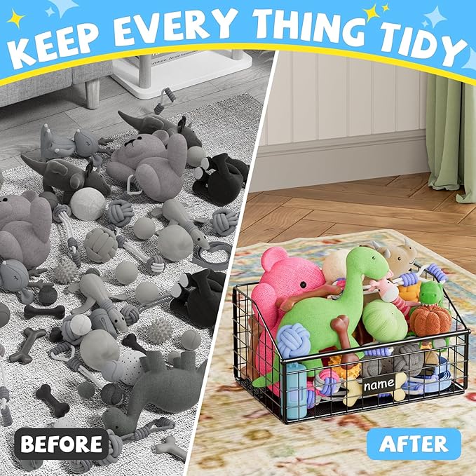Indestructible Dog Toy basket, Small Toy Box for Dogs, Pet Toy Bin Dog Metal Basket for Toys, Toy Storage Organizer, Cat Toy Box for Living Room Area(Black)