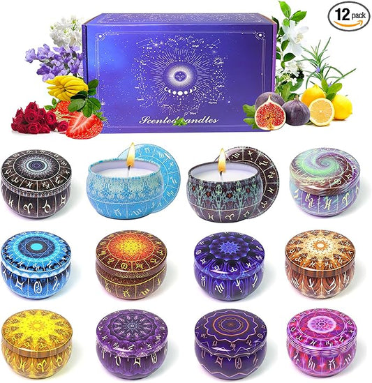 12 Constellation Scented Candles Gift Sets | Soy Wax Travel Tins Candles with Essential Oils |12 Scents Aromatherapy Relaxation Jar Candles for Home | Birthday, Christmas Gift Set for Women/Men