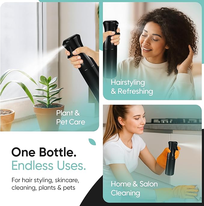 Aquableu Spray Bottle for Hair – Continuous Mist Spray Bottle for Hair Care, Styling, Cleaning, Plants, Pets & Essential Oils (Black, 6.76oz/200ml)