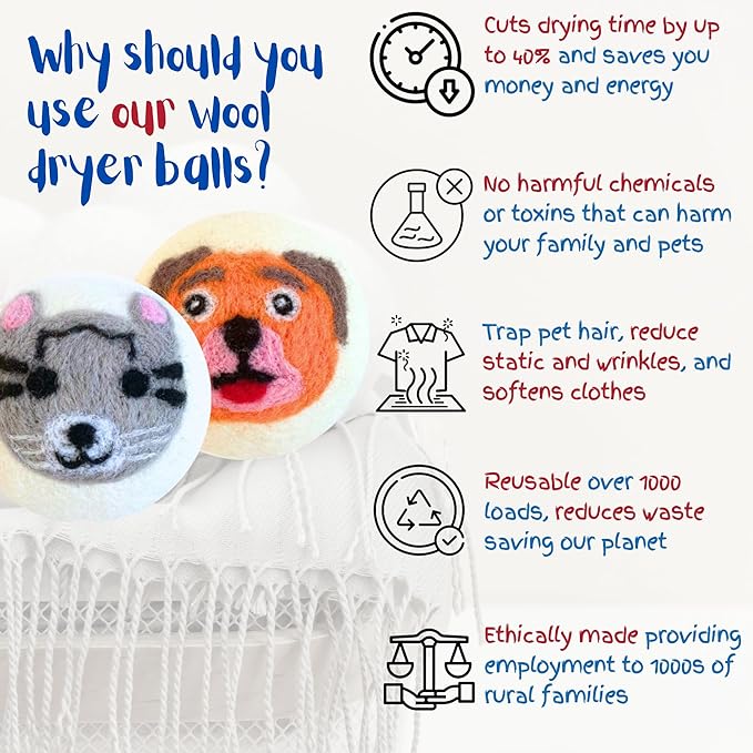 Wool Dryer Balls Organic Premium | 6 Balls XL, Ethically & Humanely Made, Natural Fabric Softener, Laundry Dryer Balls Reusable, Wrinkle Release, Organic Fabric Softener Ball, Say No! to Dryer Sheets