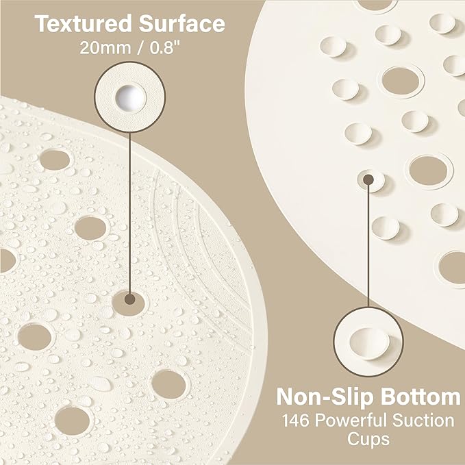 Rubber Bathtub Mat Shower Mat Non-Slip, 31x14 Inch, Bath Tub Floor Mat with Suction Cups and Drainage Holes, Ivory White