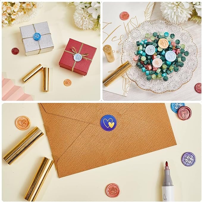 CRASPIRE 2 Side Pattern 15mm Mini Wax Seal Stamp Hearts with Love Signature Vintage Retro Brass Sealing Wax Stamps for Wedding Invitations Embellishment Bottle Decoration Gift Packing Valentines Day
