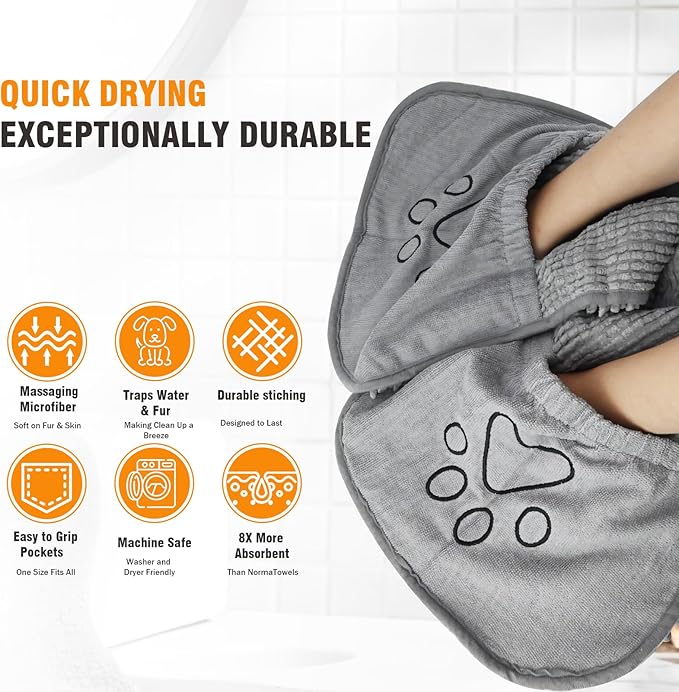 Microfiber Dog Towels for Drying Dogs, Super Absorbent, Soft and Quick Drying Pet Grooming Towel, 31Inch X 13Inch, Perfect Pets' Shower & Bath Supplies for Dog and Cat, Machine Washable, Grey
