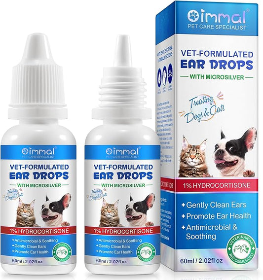 2 Pack Cat & Dog Ear Infection Treatment Drops, Cat & Dog Ear Cleaner for Itchy Ear Relief, with 1% Hydrocortisone for Dog Ear Infections, Relieve Itchy Ears