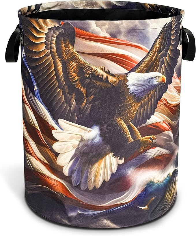 American Flag Bald Eagle Laundry Basket Foldable Oxford Cloth Funny Tote Bag Laundry Hamper Clothes Storage Bucket Toy Organizer For Bathroom/Laundry Storage/Bedroom 18.9x16.5 Inch