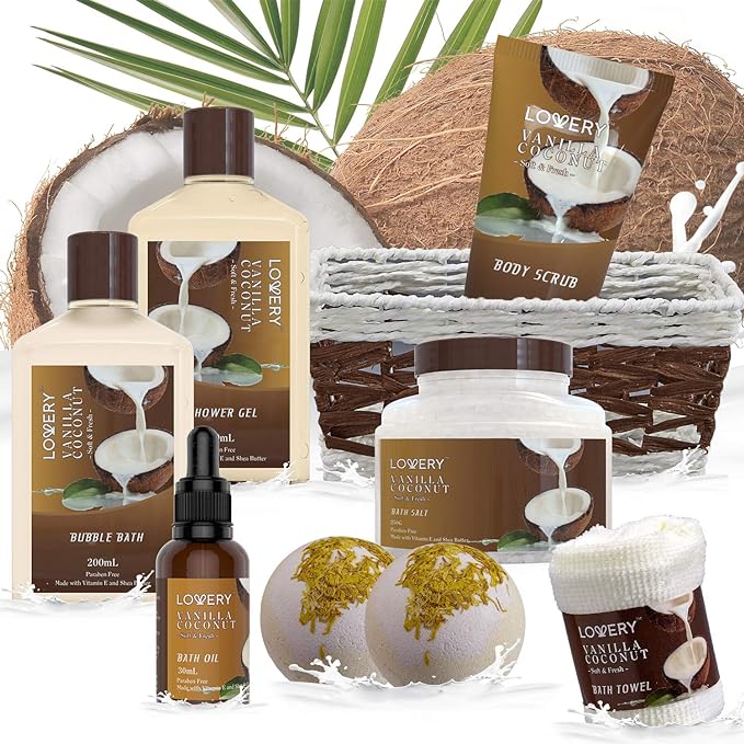 Gifts For Women Gift Basket for Women– 9 Piece Christmas Gifts Set of Vanilla Coconut Home Spa Set, Includes Fragrant Lotions, Extra Large Bath Bombs, Coconut Oil, Luxurious Holiday Bath & Body Sets