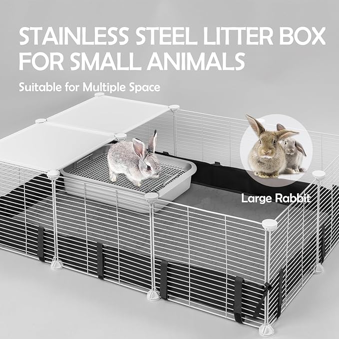 MEEXPAWS Rabbit Litter Box Stainless Steel, Large Bunny Litter Box with Raised Grid and Washable Pee Pad, Metal Litter Pan High Side for Rabbit,Small Animal Toilet Potty Tray Easy Cleaning,Less Stink