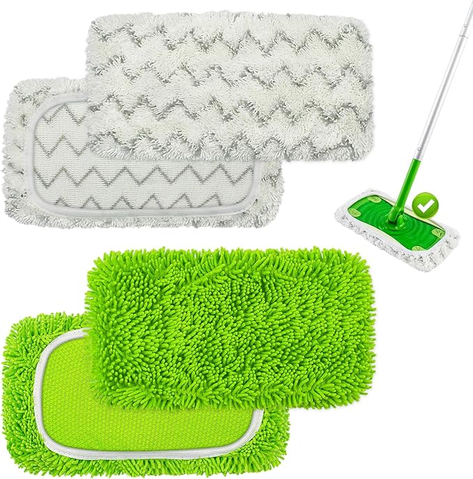 4 Pack Reusable Mop Pads Compatible with Swiffer Sweeper Mop,Wet Pads Refill & Dry Sweeping Cloths,Chenille & Microfiber Refill Pads for Wood Floor Cleaning,Washable Wet Mopping Cloths,Green & Gray