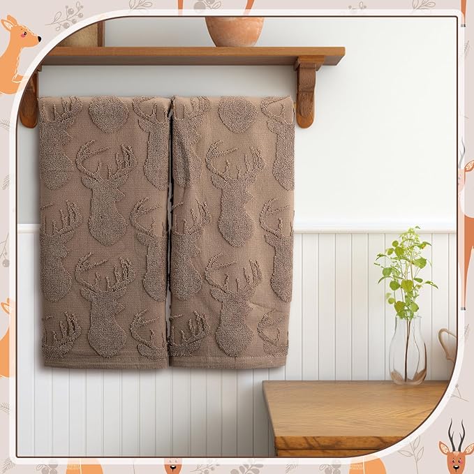 2 Pcs Deer Hand Towels for Bathroom, Rustic Cabin Elk Moose 100% Cotton Absorbent Jacquard Weave Brown Decorative Towels for Bathroom Kitchen Decor Gift, 13.7 x 29.5 Inch