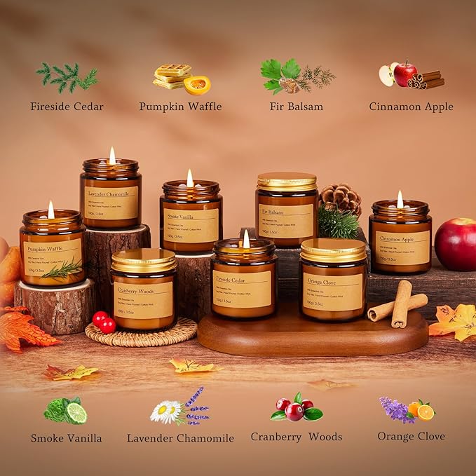Holiday Candle Gift Set – 8 Pack Vintage Amber Glass Jar Candles,Winter Scents for Home,Christmas Gift for Women, Aromatherapy Soy Wax Candles,Cozy Home Décor,Premium Box