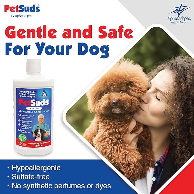 PetSuds Probiotic Dog Shampoo and Conditioner - Helps with Hotspots, and Dry, Oily Skin - Hypoallergenic and Sulfate Free Pet Shampoo - Lavender, 16 Oz. by Alpha Tech Pet