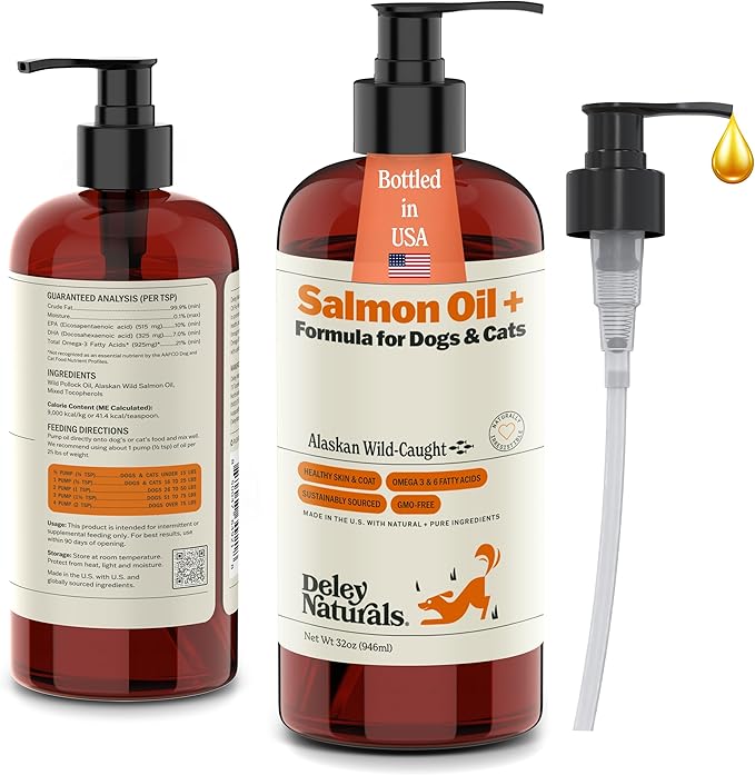 Deley Naturals Wild Alaskan Salmon Oil for Dogs - New & Improved Salmon Oil Plus Formula - Fish Oil for Dogs with DHA EPA Omega 3 & 6 Fatty Acids - Omega 3 Fish Oil for Skin & Coat - 32oz Made in USA