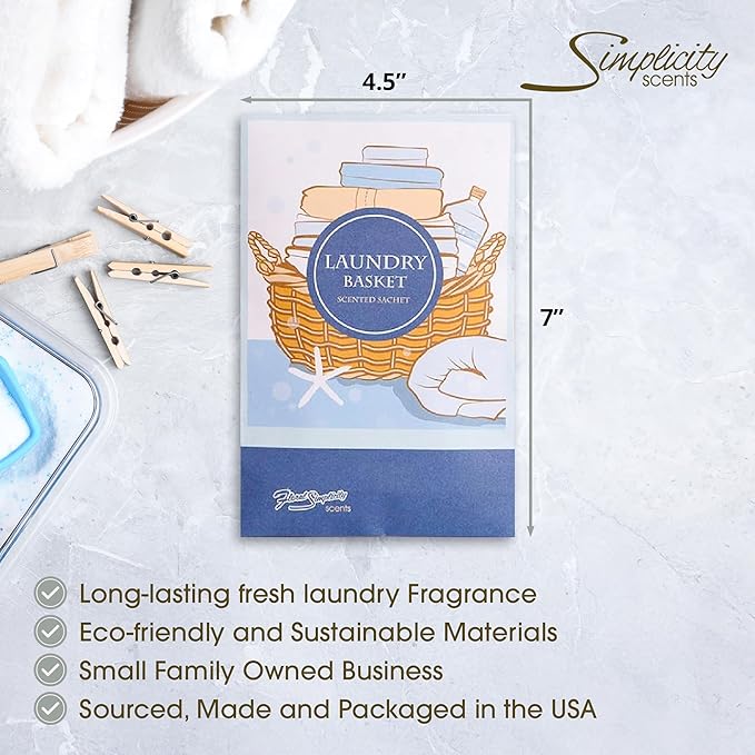 Simplicity Scents Laundry Basket Scented Sachets Pack of 6, Everyday - Long-Lasting Scented Bags, Home Fragrance, Air Freshener & Deodorizer for Closet, Room, Drawer, or Cars, Made in USA