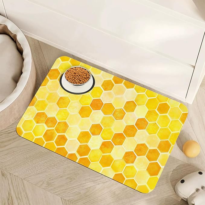 Honeycomb Bee Geometric Dog Food Mat for Floors,Absorbent Quick-Dry Pet Feeding Mat,Cat Dog Bowl Mats for Food and Water,Non-Slip Pet Accessories Supplies 12"x20"