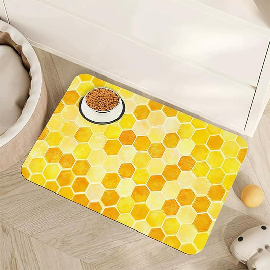 Honeycomb Bee Geometric Dog Food Mat for Floors,Absorbent Quick-Dry Pet Feeding Mat,Cat Dog Bowl Mats for Food and Water,Non-Slip Pet Accessories Supplies 12"x20"