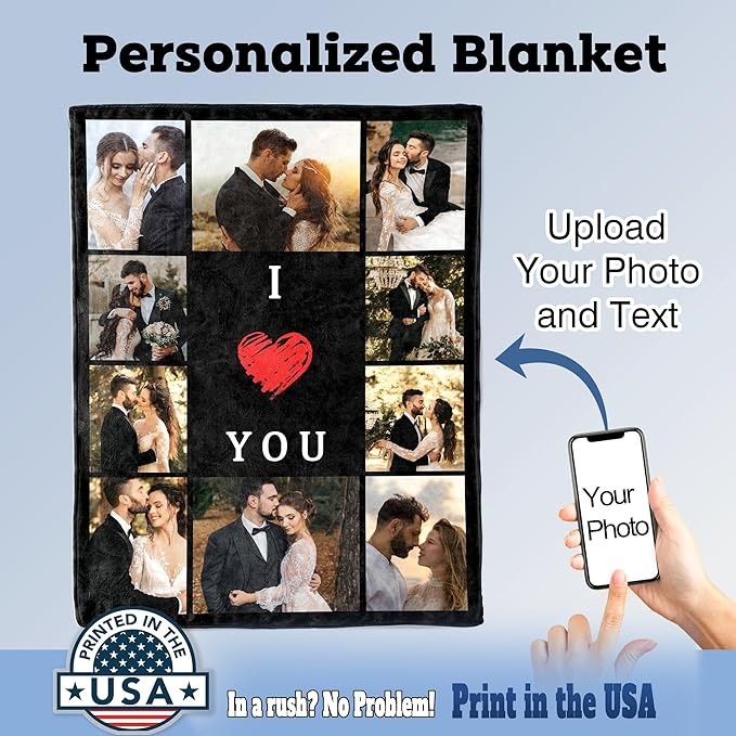 Ships Next Day Custom Photo Blanket for Valentine Day Personalized Thows Blanket with Picture I Love You Gifts for Couples Customized Gifts for Girlfriend/Boyfriend/Mom/Dad - Printed in USA