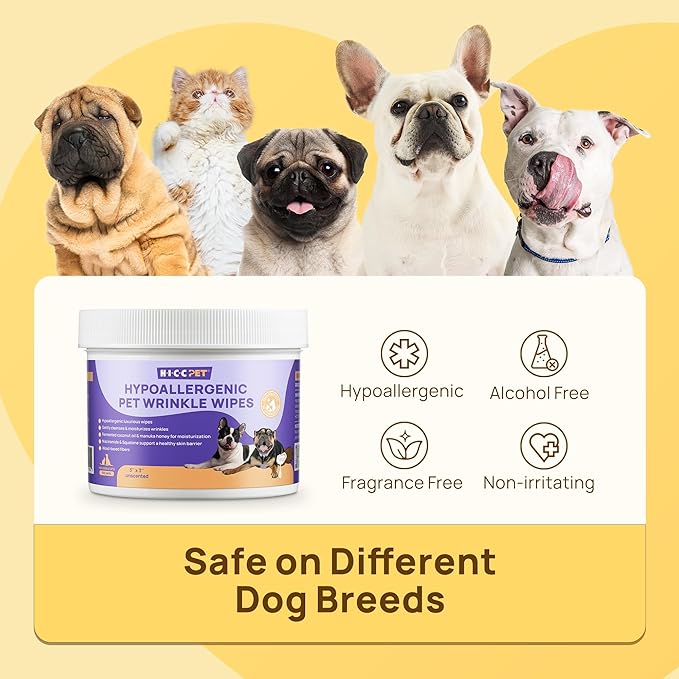 HICC PET Wrinkle Wipes, Vet-Recommended Dog Wipes Cleaning Deodorizing, Soothes Redness & Odor, Prevents Infections, Tear Stain Remover, Gentle for French Bulldogs, Pugs, English Bulldogs (100 Counts)