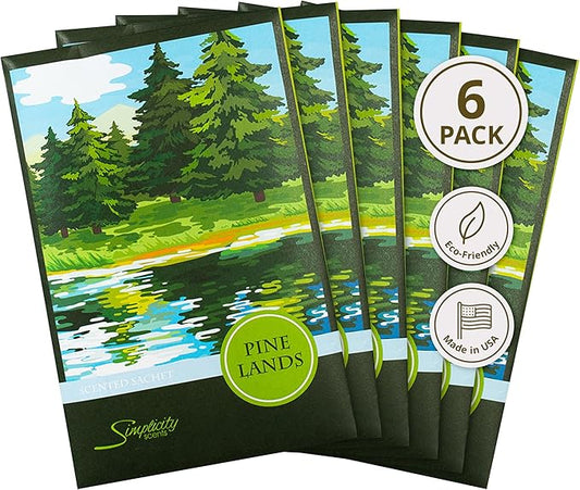 Simplicity Scents Pine Lands Scented Sachets Pack of 6, Everyday - Long-Lasting Scented Bags, Home Fragrance, Air Freshener & Deodorizer for Closet, Room, Drawer, or Cars, Made in USA