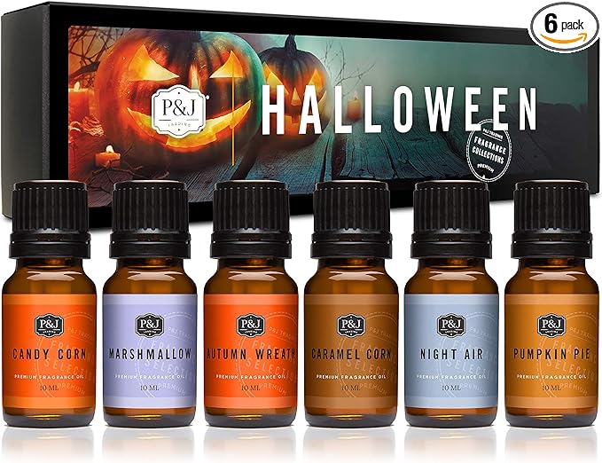 P&J Fragrance Oil Halloween Set | Autumn Wreath, Pumpkin Pie, Candy Corn, Marshmallow, Night Air, and Caramel Corn Candle Freshie Scent for Candle Making, Soap Making Supplies