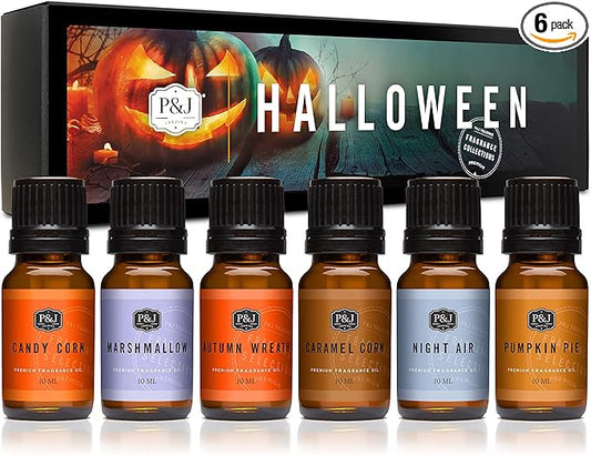 P&J Fragrance Oil Halloween Set | Autumn Wreath, Pumpkin Pie, Candy Corn, Marshmallow, Night Air, and Caramel Corn Candle Freshie Scent for Candle Making, Soap Making Supplies
