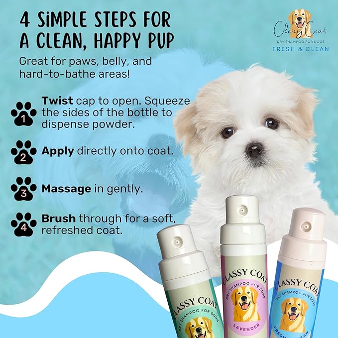 Dry Shampoo & Coat Deodorizer for Dogs (Fresh & Clean) | Waterless No-Rinse Squeeze Bottle Powder Formula | Calming Lavender Scent | Talc and Alcohol Free | Safe for Sensitive Skin | Made in USA