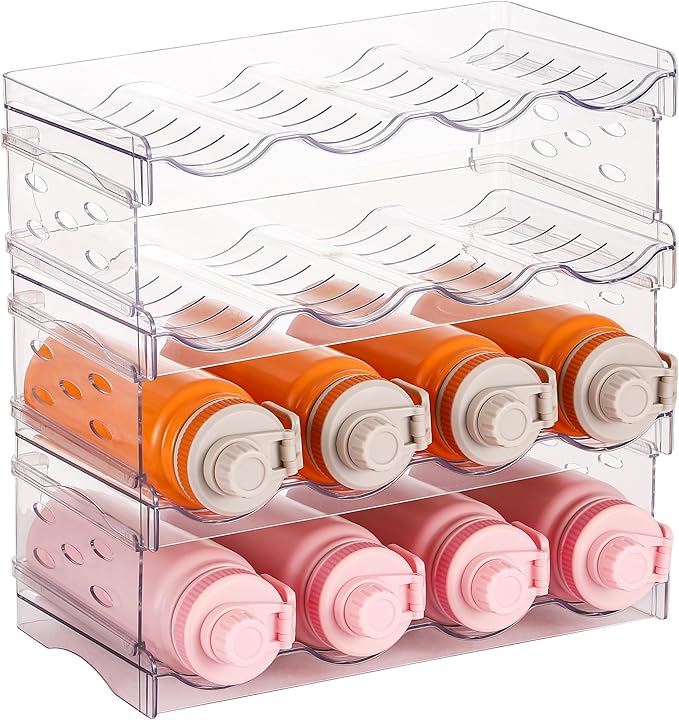 IEEK Plastic Stackable Bottle Storage Holder Rack Holds 16 Bottles,Free-Standing Water Bottle/Wine and Drink Organizer Shelf for Kitchen Cabinet,Fridge,Countertop,Pantry,Freezer,4 PackX4 Bottles,Clear