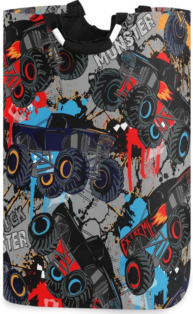 visesunny Large Capacity Laundry Hamper Basket Monster Truck Car Pattern Oxford Cloth Storage Baskets for Bedroom, Bathroom, Dorm, Kids Room