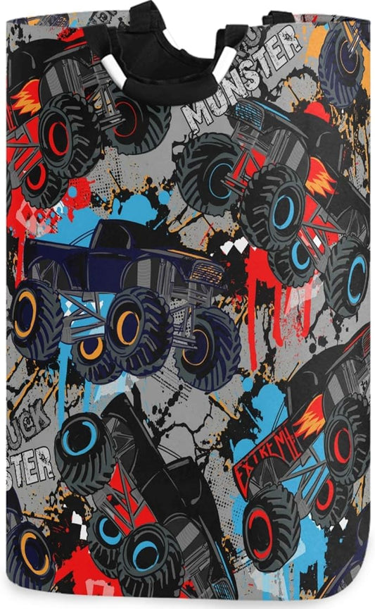 visesunny Large Capacity Laundry Hamper Basket Monster Truck Car Pattern Oxford Cloth Storage Baskets for Bedroom, Bathroom, Dorm, Kids Room