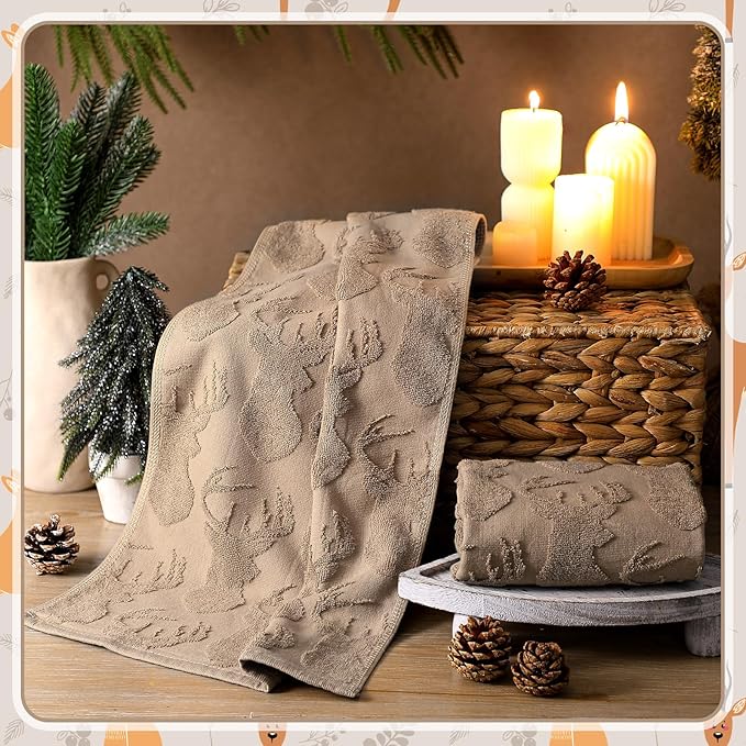 2 Pcs Deer Hand Towels for Bathroom, Rustic Cabin Elk Moose 100% Cotton Absorbent Jacquard Weave Brown Decorative Towels for Bathroom Kitchen Decor Gift, 13.7 x 29.5 Inch