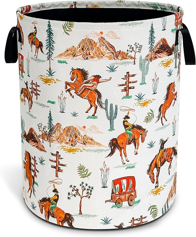 Western Cowboy Laundry Basket Horse Riding Foldable Waterproof Oxford Cloth Funny Tote Bag Laundry Hamper Clothes Storage Bucket Toy Organizer For Bathroom/Laundry Storage/Bedroom 18.9x16.5 Inch