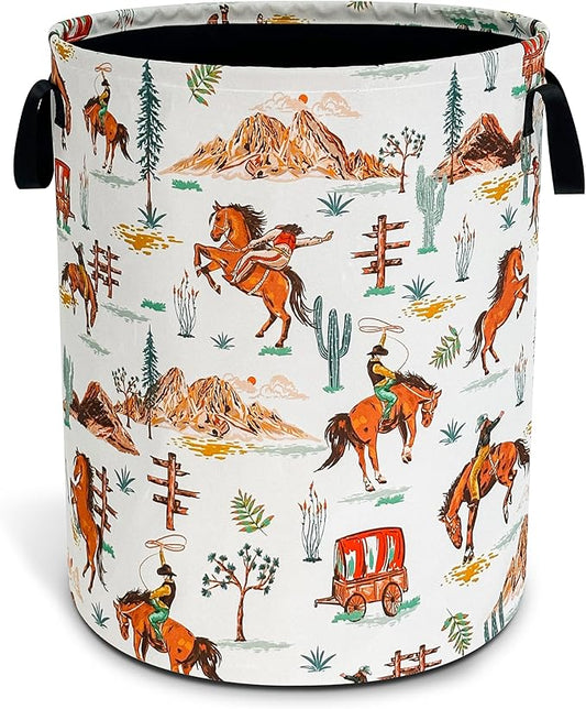 Western Cowboy Laundry Basket Horse Riding Foldable Waterproof Oxford Cloth Funny Tote Bag Laundry Hamper Clothes Storage Bucket Toy Organizer For Bathroom/Laundry Storage/Bedroom 18.9x16.5 Inch