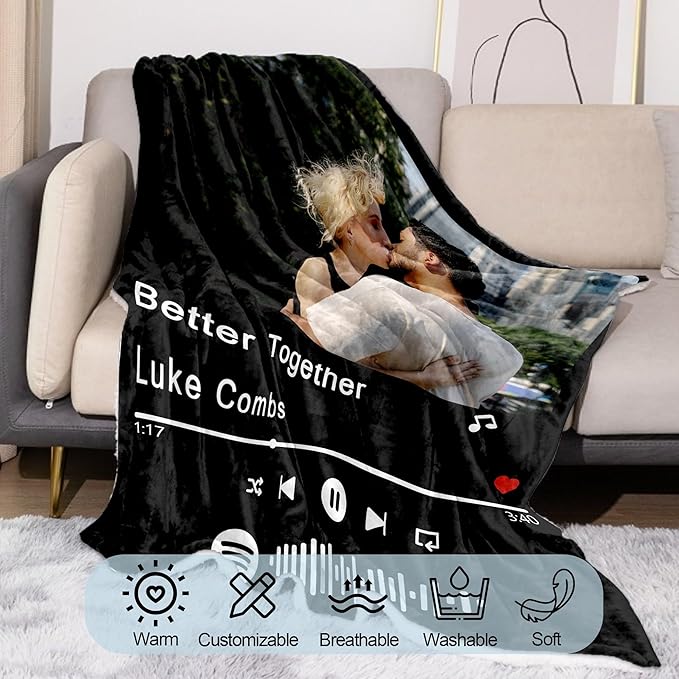 Ships Next Day Personalized Spotify Code Music Blanket for Her/Him Custom Thows Blanket with Photo Customize Valentine Day Anniversary Birthday Gift for Mom Dad Couple Printed in USA